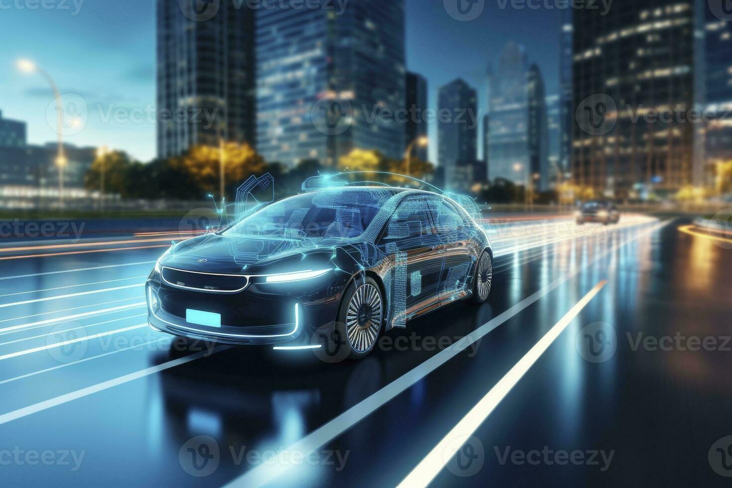 ai generato moderno inteligente auto tecnologia intelligente sistema utilizzando teste su Schermo hud autonomo se stesso guida modalità veicolo su città strada con grafico sensore radar segnale sistema intelligente macchina. foto