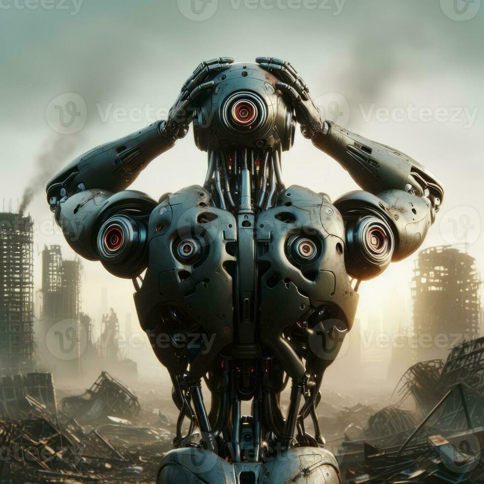 ai generato robot sembra a il distrutto città e afferra suo testa foto
