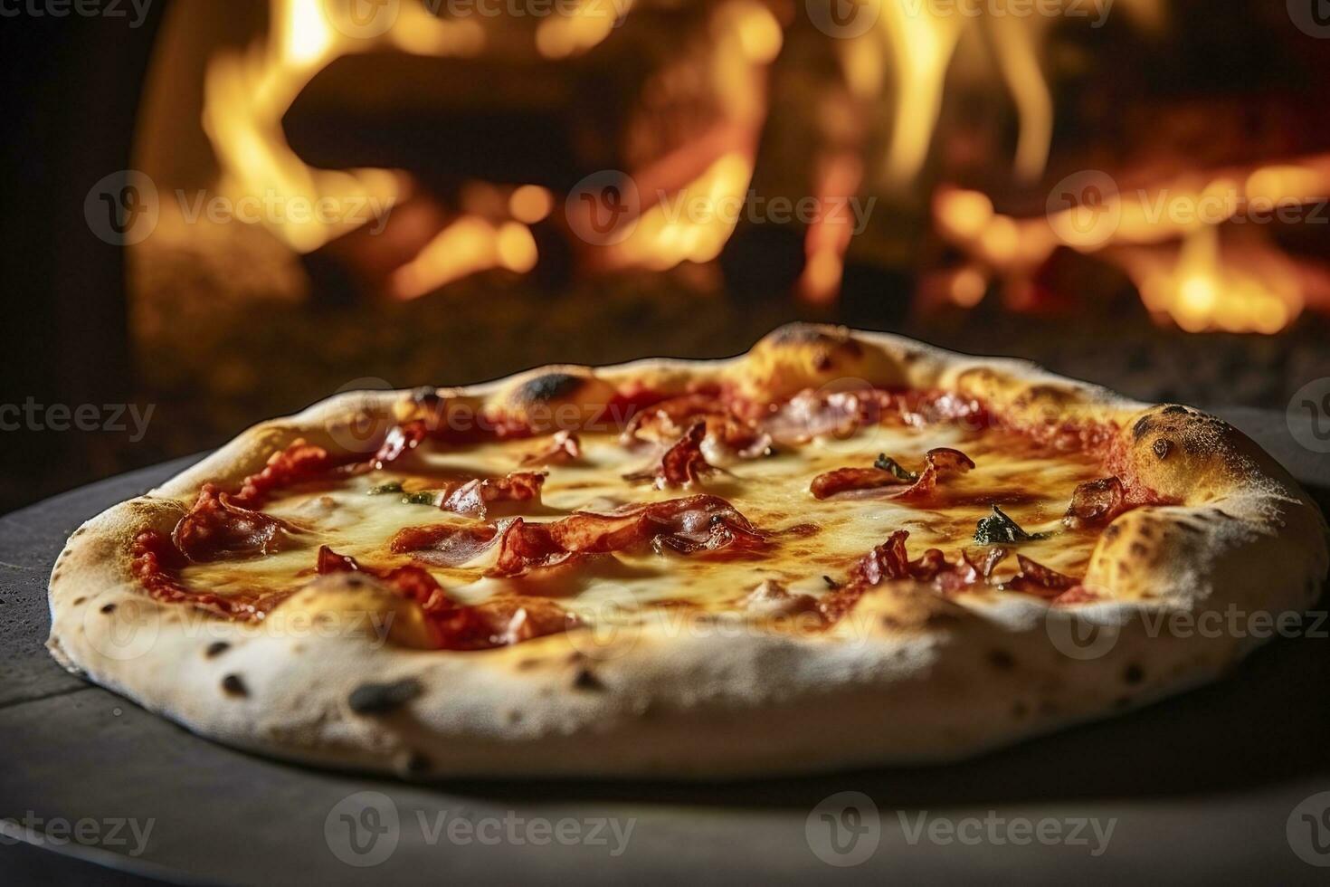 ai generato appena al forno Pizza avvicinamento, tradizionale legna licenziato forno sfondo. ai generato foto