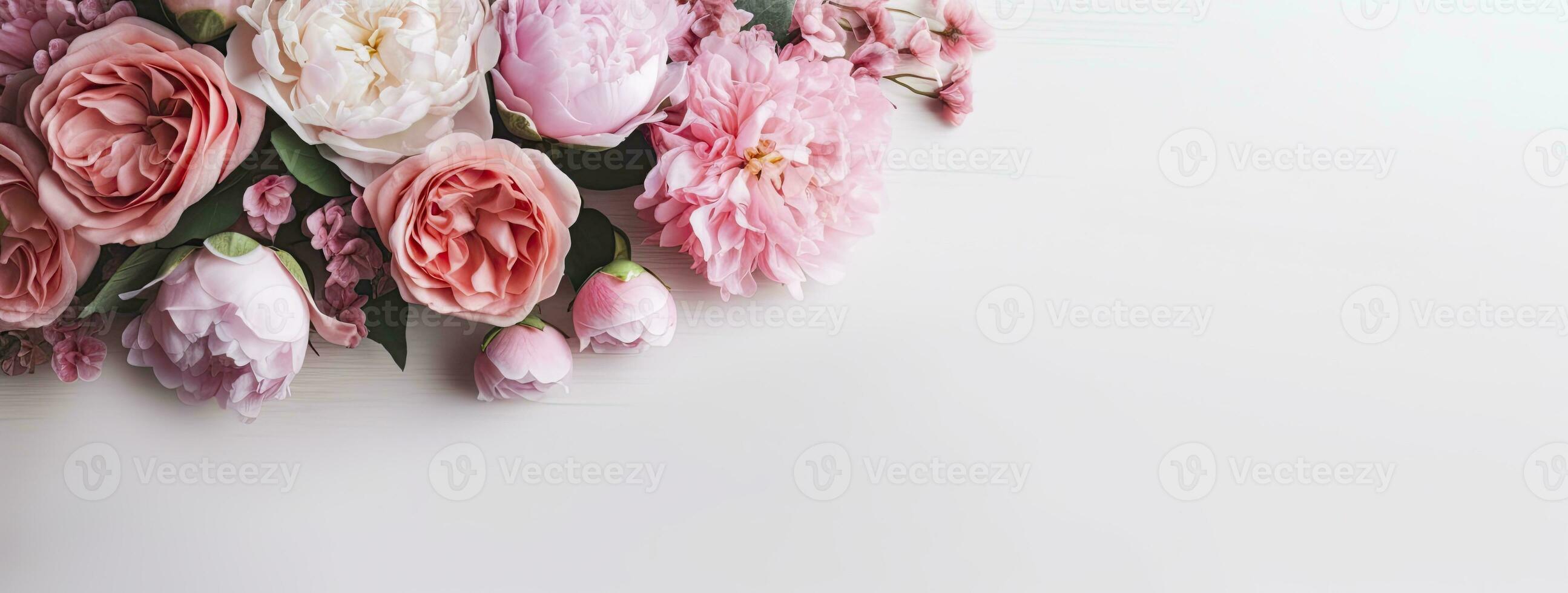 ai generato fresco mazzo di rosa peonie e Rose con copia spazio. ai generato foto