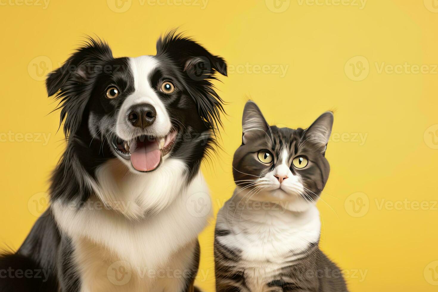 ai generato gatto e cane insieme con contento espressioni su giallo sfondo. ai generato foto