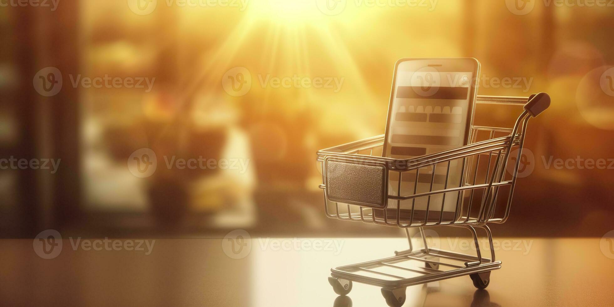 ai generato e-commerce shopping carrello con multiplo prodotti. un' illuminata dal sole astratto sfondo. e-commerce concetto. ai generativo foto