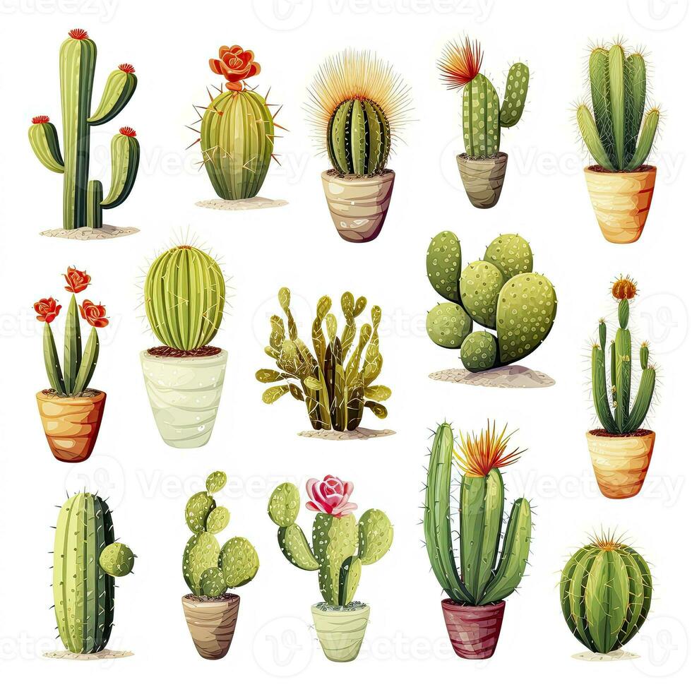 ai generato il cactus impostato su bianca sfondo. clipart illustrazioni. ai generato foto