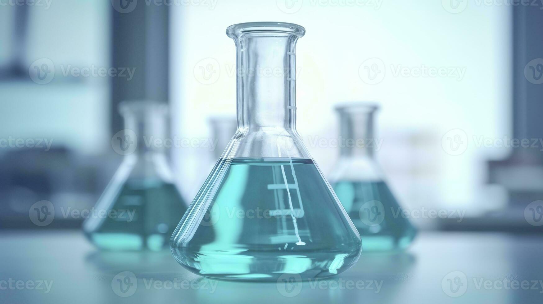 ai generato un' scienza coppa nel il laboratorio su un' tavolo bianca e leggero blu sfondo.. laboratorio attrezzatura su di messa a fuoco. ai generativo foto