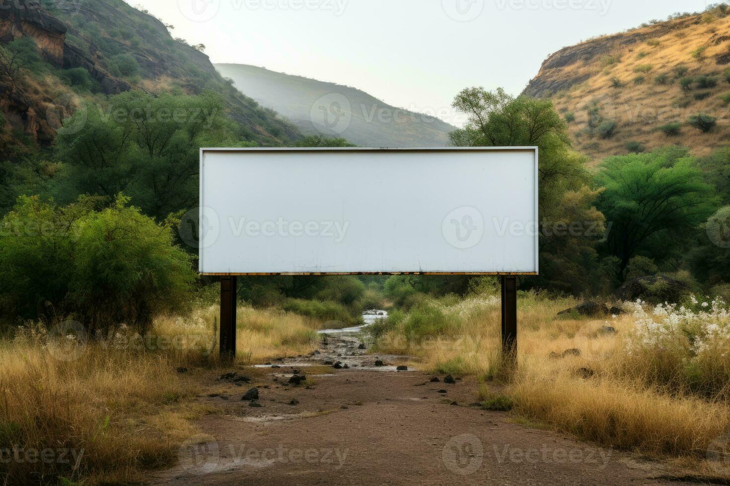 ai generato grande tabellone con vuoto bianca schermo in piedi nel il valle foto