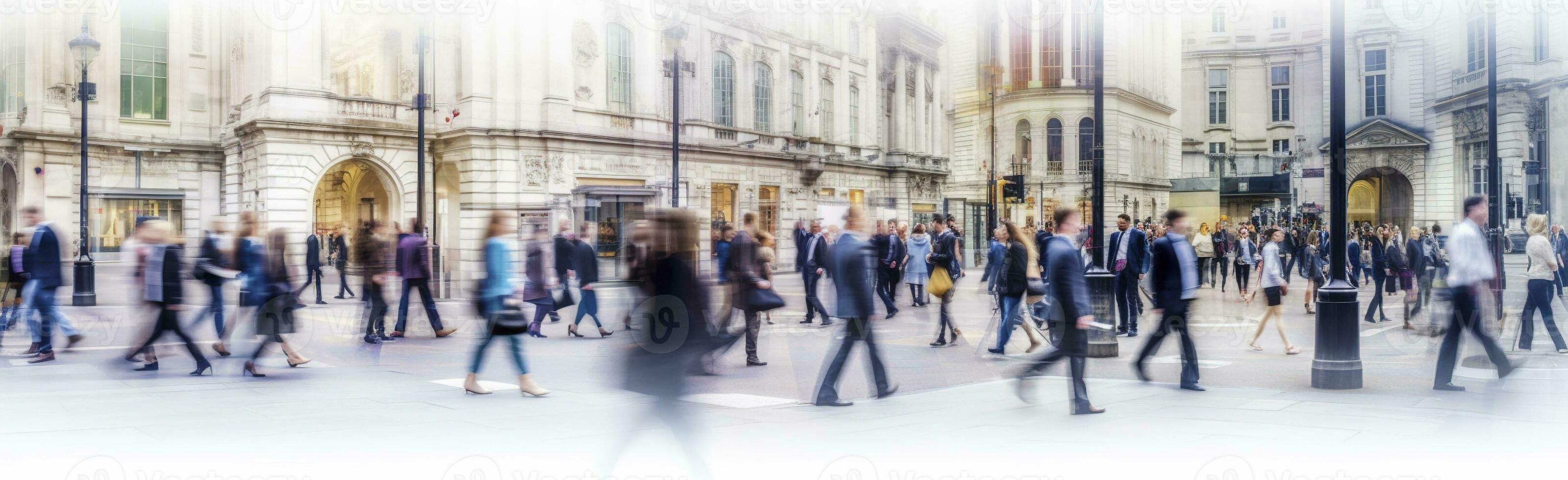 ai generato a piedi persone sfocatura. molte di persone camminare nel il città di Londra. largo panoramico Visualizza di persone attraversamento il strada. ai generato foto