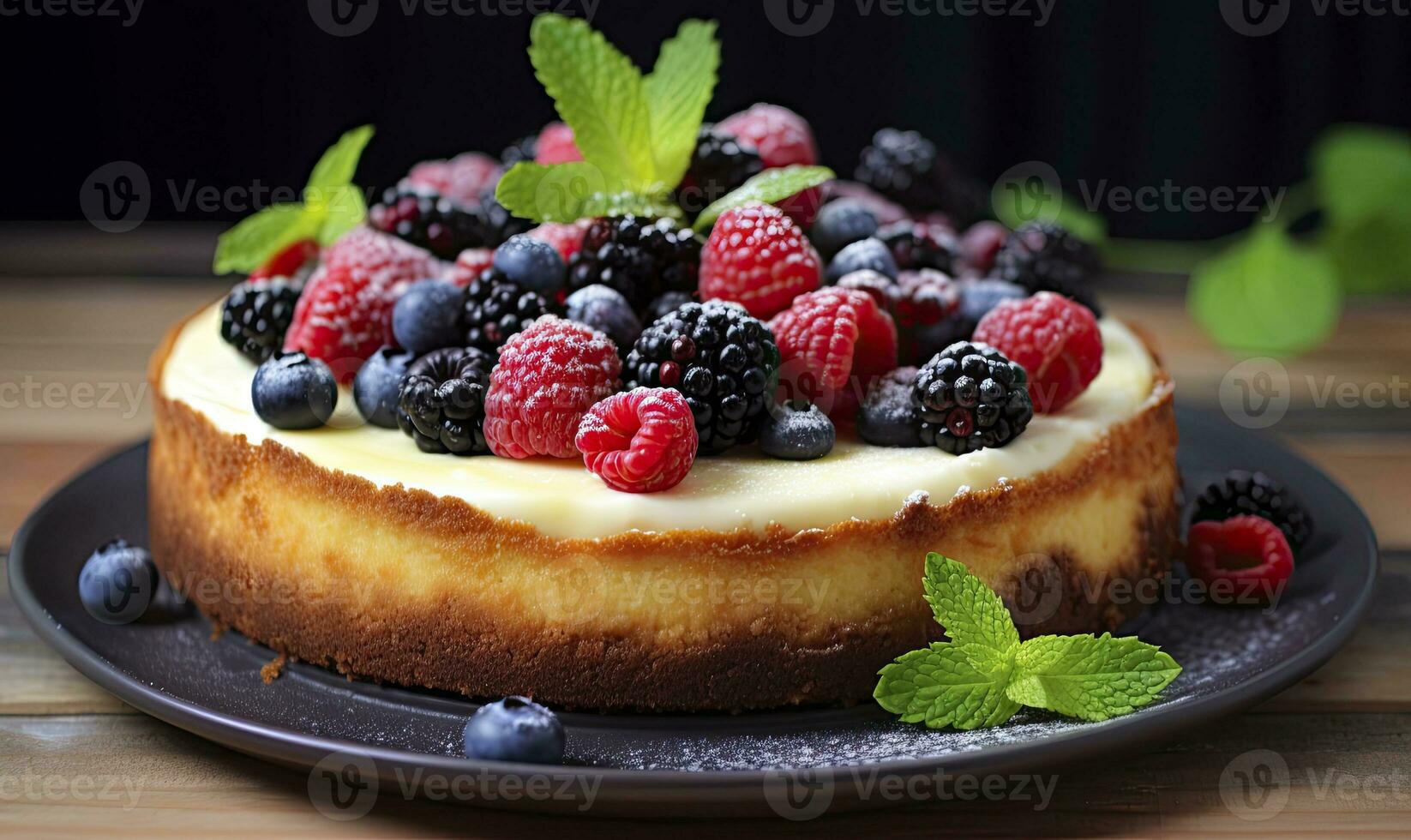 ai generato Limone torta di formaggio con fresco frutti di bosco. ai generato foto