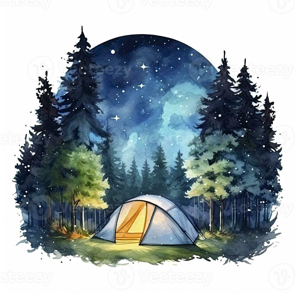 ai generato un' campeggio tenda nel il foresta con notte cielo, acquerello per maglietta design. ai generato foto