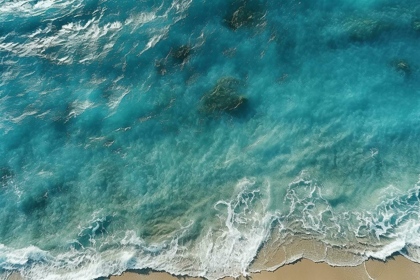 ai generato superiore Visualizza aereo Immagine a partire dal fuco di un sbalorditivo bellissimo mare paesaggio spiaggia con turchese acqua con copia spazio foto