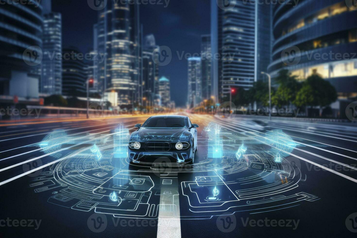 ai generato moderno inteligente auto tecnologia intelligente sistema utilizzando teste su Schermo hud autonomo se stesso guida modalità veicolo su città strada con grafico sensore radar segnale sistema intelligente macchina. foto