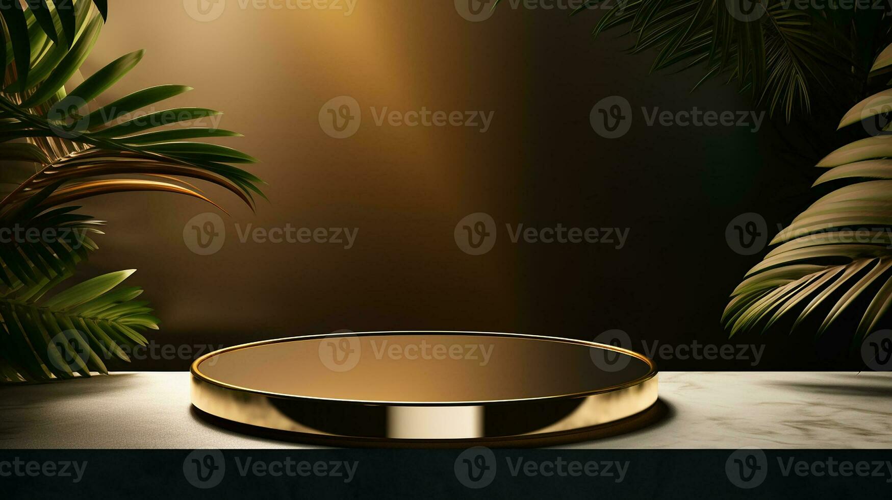 ai generato 3d reso vuoto Schermo elegante lusso nero e oro tema podio con le foglie minimo scena per Prodotto Schermo presentazione foto