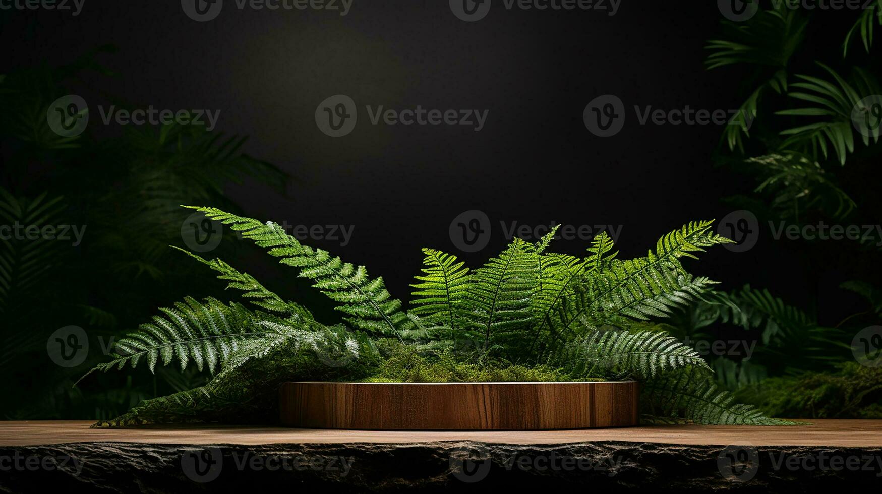 ai generato di legno Prodotto Schermo podio con natura le foglie sfondo minimo scena per Prodotto Schermo presentazione foto