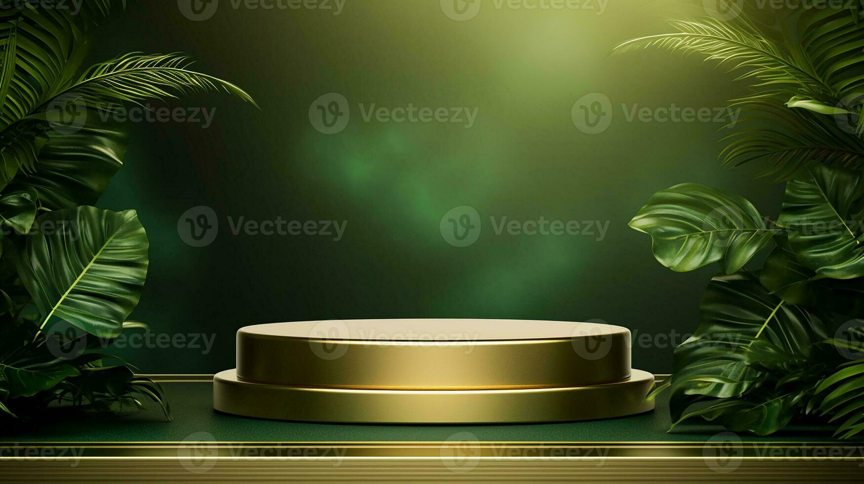 ai generato 3d reso vuoto Schermo elegante lusso verde e oro tema podio con le foglie minimo scena per Prodotto Schermo presentazione foto