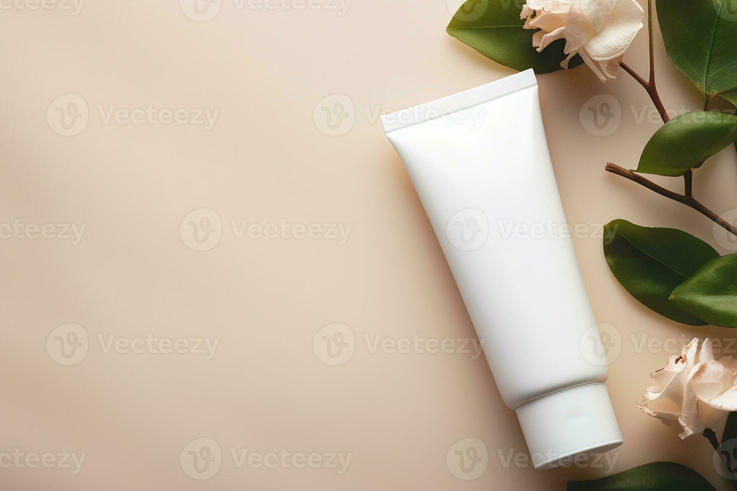 ai generato bellezza cosmetici prodotti concetto tubo contenitore crema tubo, vaso e siero su sfondo, superiore Visualizza, piatto posizione, foto