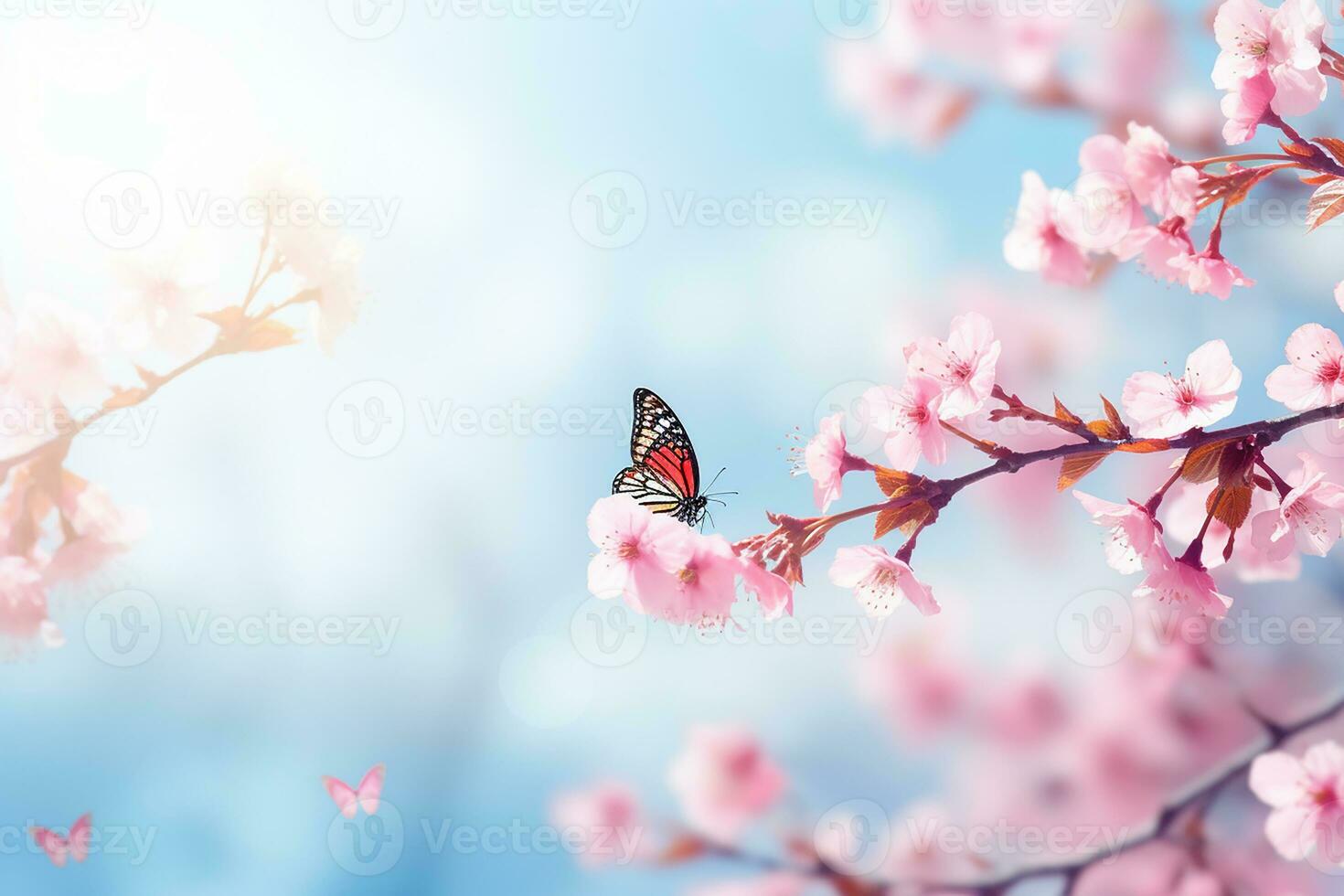 ai generato fioritura ciliegia contro sfondo di blu cielo e farfalle su natura all'aperto. rosa sakura fiori, sognante romantico Immagine molla, paesaggio panorama, copia spazio foto