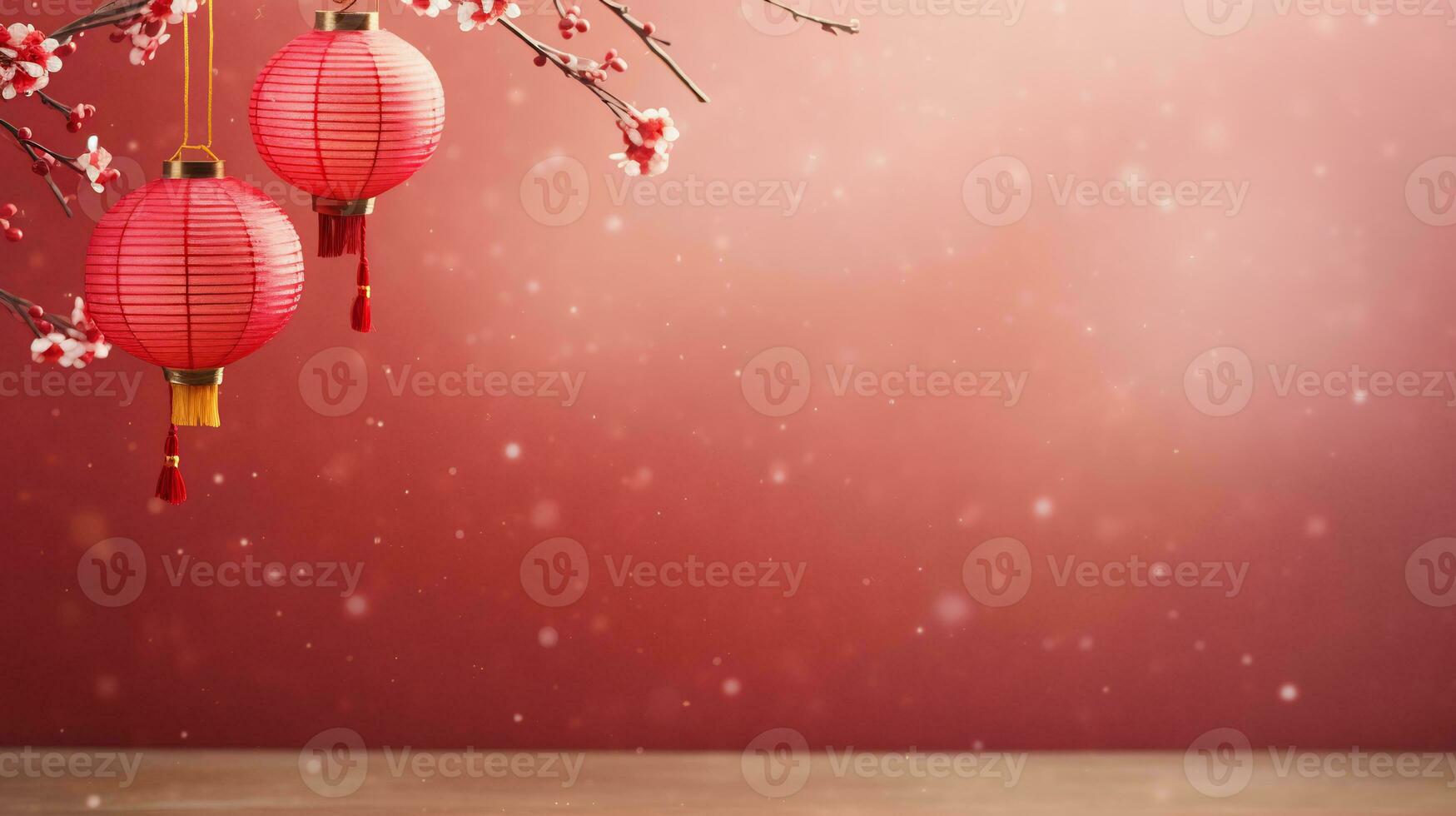 ai generato lunare nuovo anno sfondo con sospeso rosso latern foto