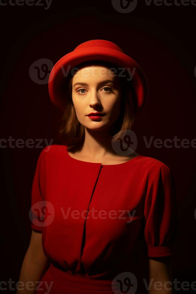 ai generato un' bellissimo ragazza indossare rosso vestito e cappello foto