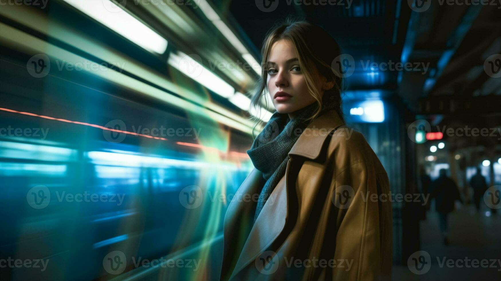 ai generato un' donna in piedi nel metropolitana stazione a notte foto