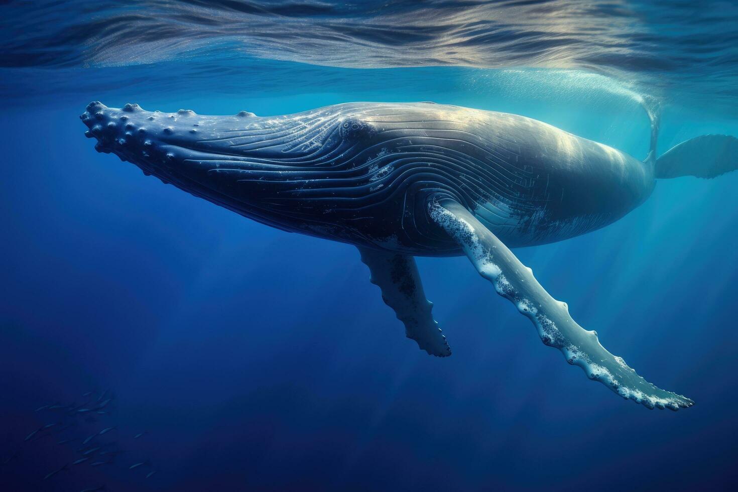 ai generato gobba balena nuoto subacqueo nel blu acqua. natura scena, gobba balena con grazia nuoto nel il in profondità blu oceano, catturato attraverso subacqueo fotografia, ai generato foto