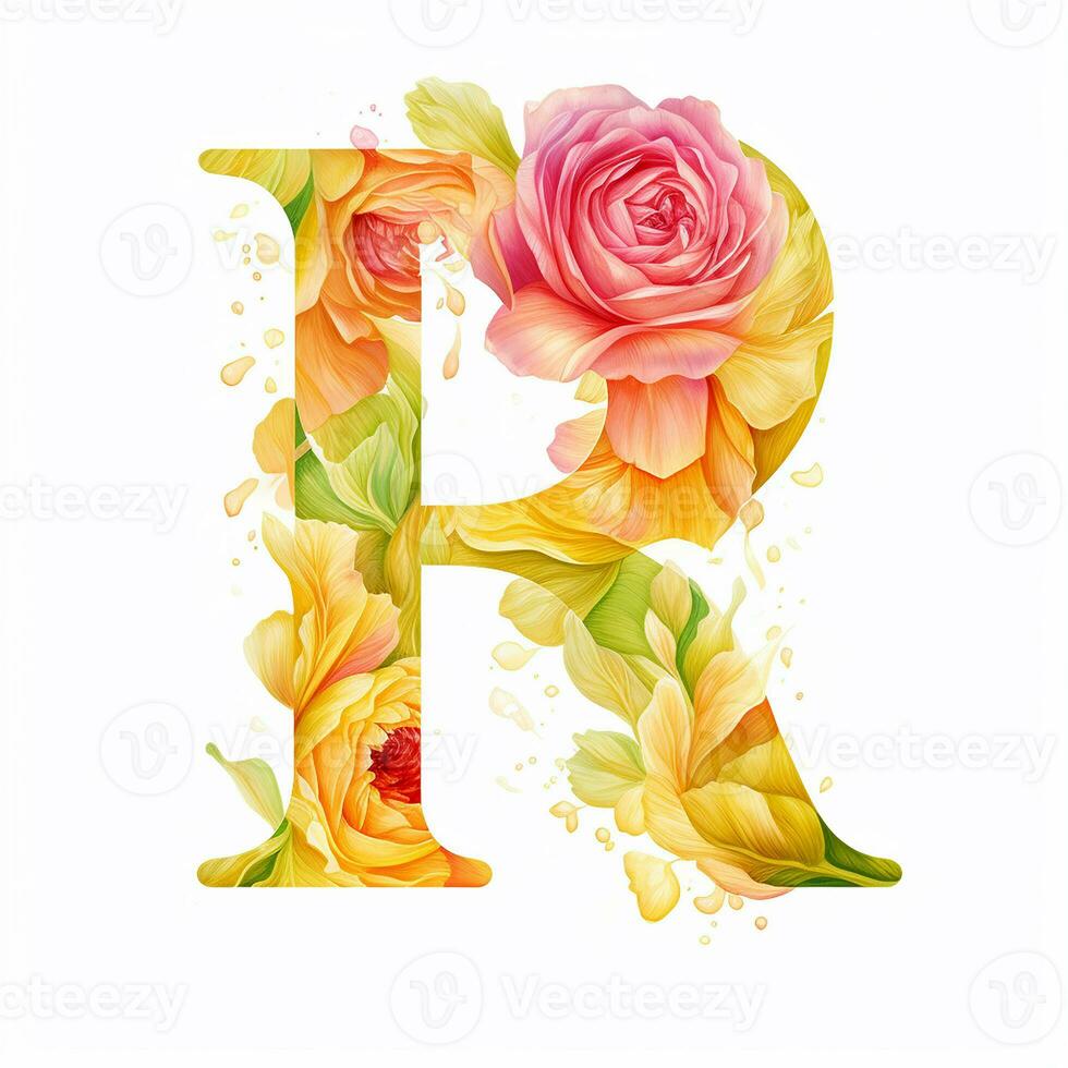 ai generato creativo lettera r concetto fatto di fresco giallo e rosa peonia foto