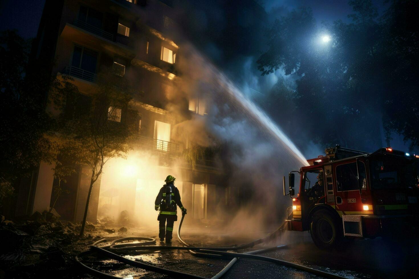 ai generato i vigili del fuoco estinzione un' fuoco nel un' edificio a notte ai generato foto