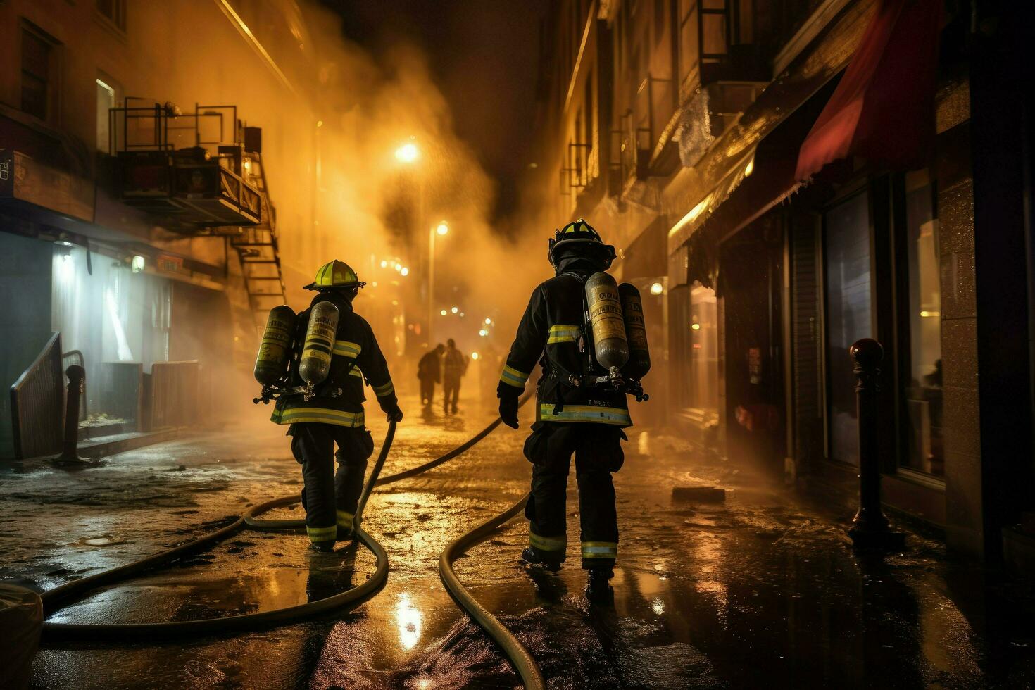 ai generato i vigili del fuoco estinzione un' fuoco nel un' edificio a notte ai generato foto