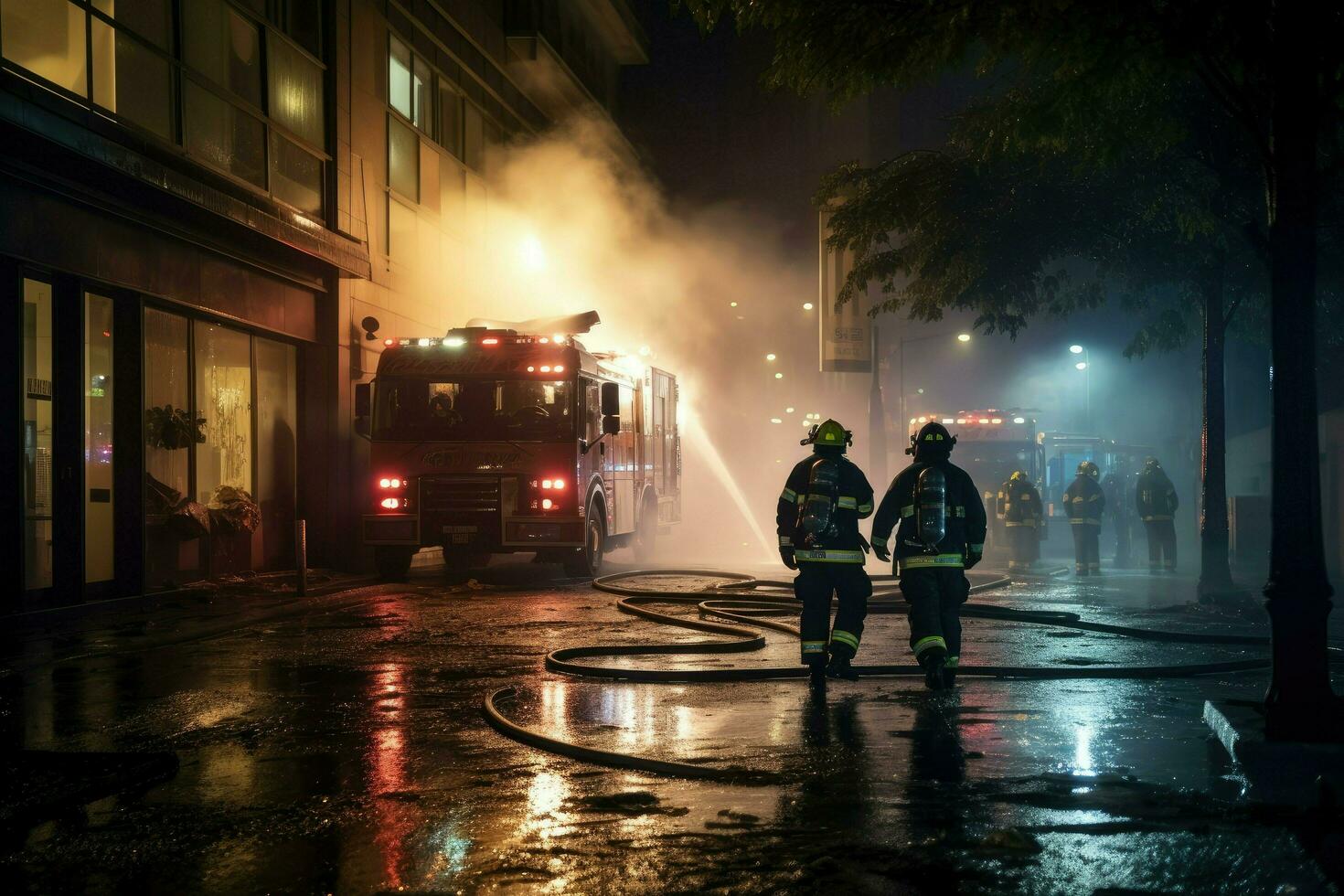 ai generato i vigili del fuoco estinzione un' fuoco nel un' edificio a notte ai generato foto