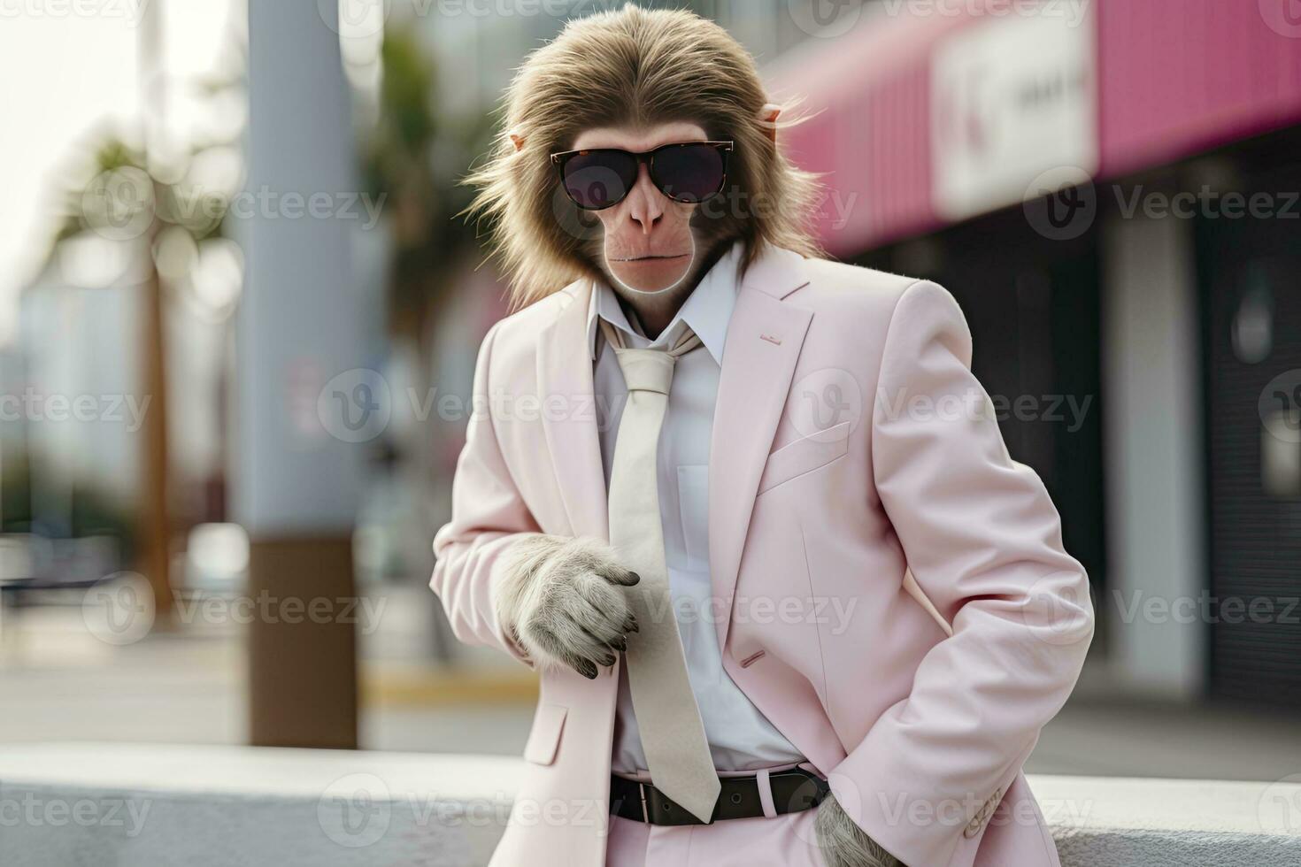 ai generato un' scimmia è indossare occhiali da sole, completo da uomo e in piedi su strada. ai generato foto