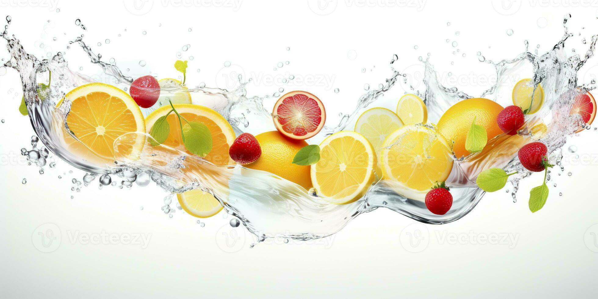 ai generato turbine acqua spruzzo con frutta. liquido flusso con ghiaccio cubi e un' mescolare di fresco frutta. generativo ai foto