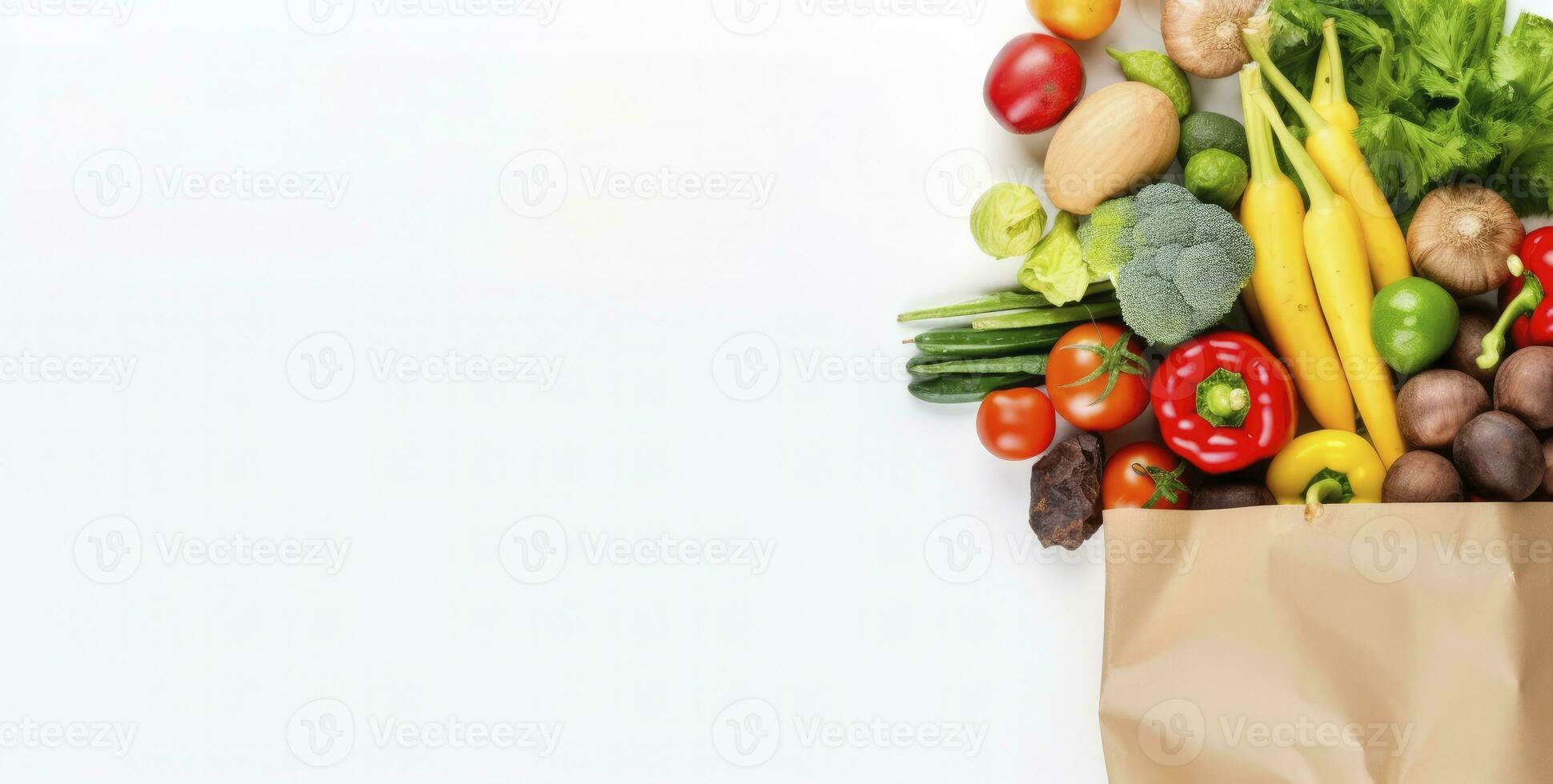 ai generato salutare cibo nel carta Borsa verdure e frutta su bianca sfondo. ai generato foto