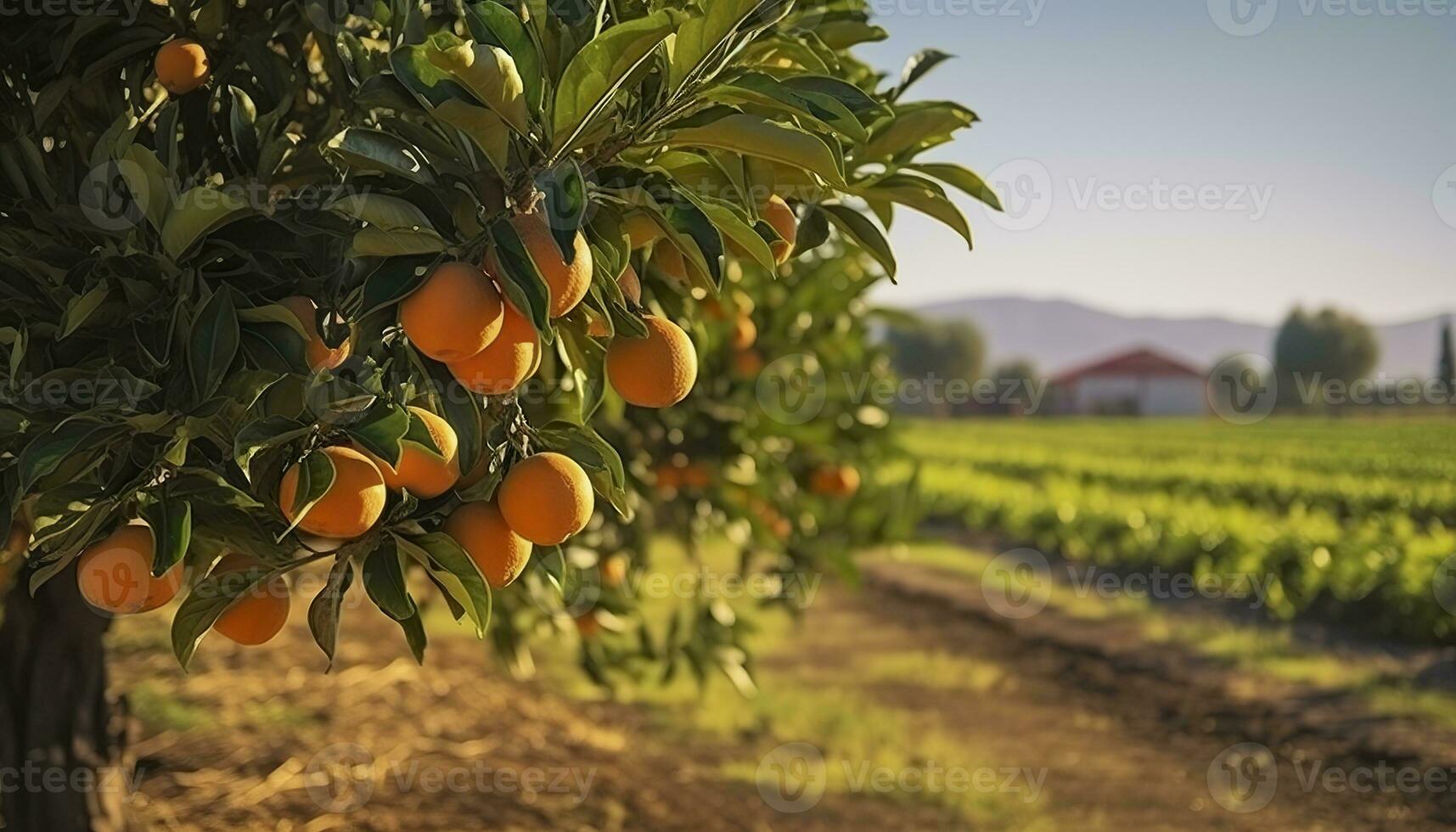 ai generato un arancia albero è nel il primo piano con un' azienda agricola campo sfondo. generativo ai foto