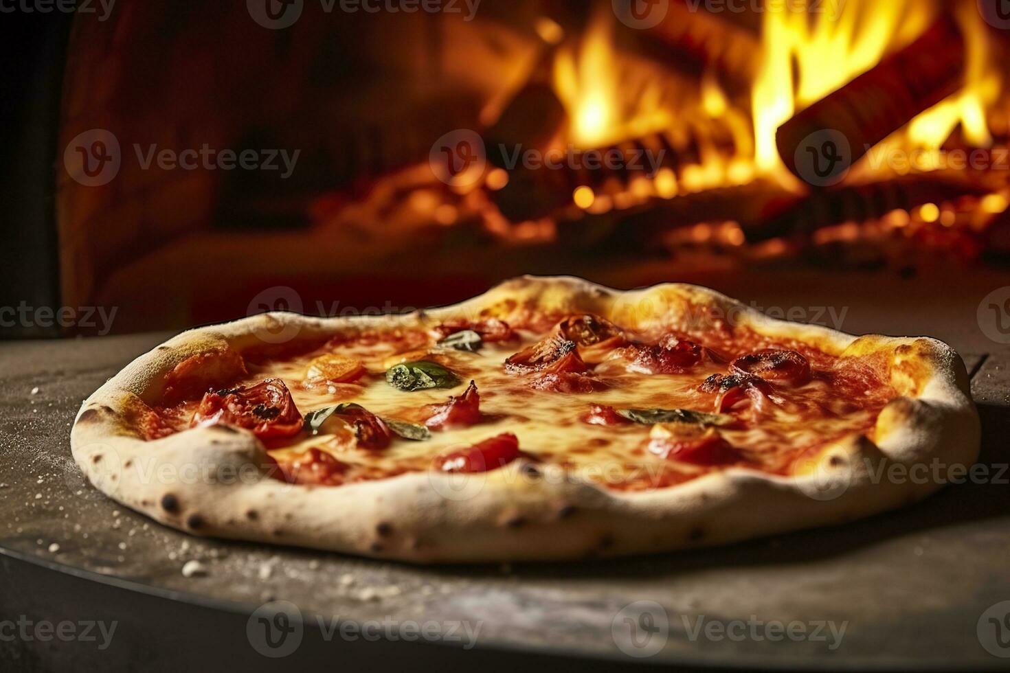 ai generato appena al forno Pizza avvicinamento, tradizionale legna licenziato forno sfondo. ai generato foto