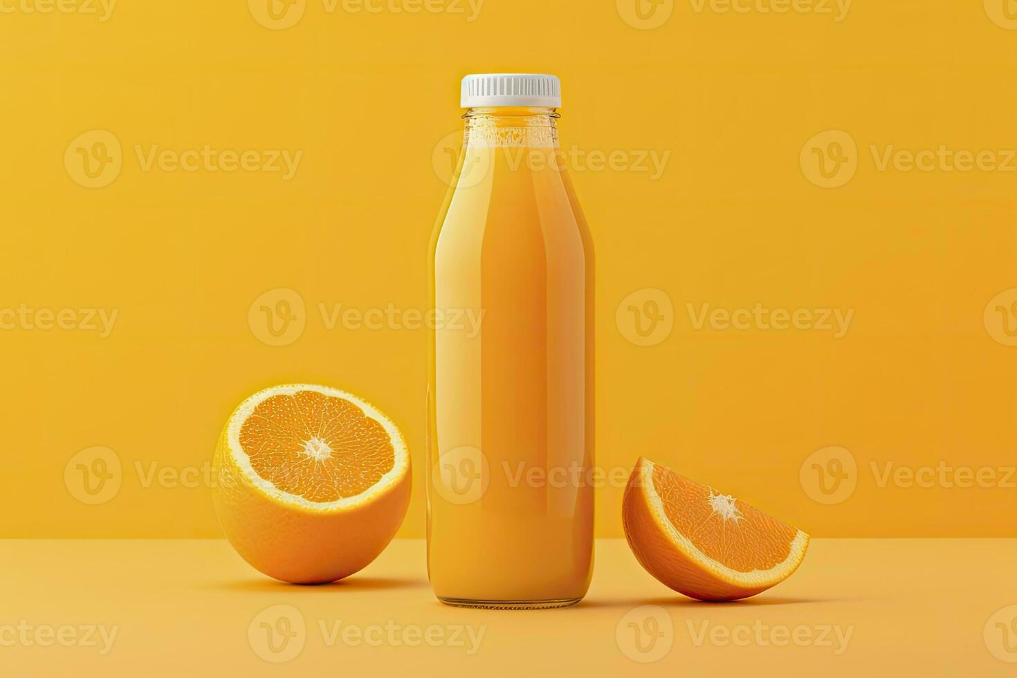 ai generato arancia succo bottiglia su arancia sfondo. ai generato foto