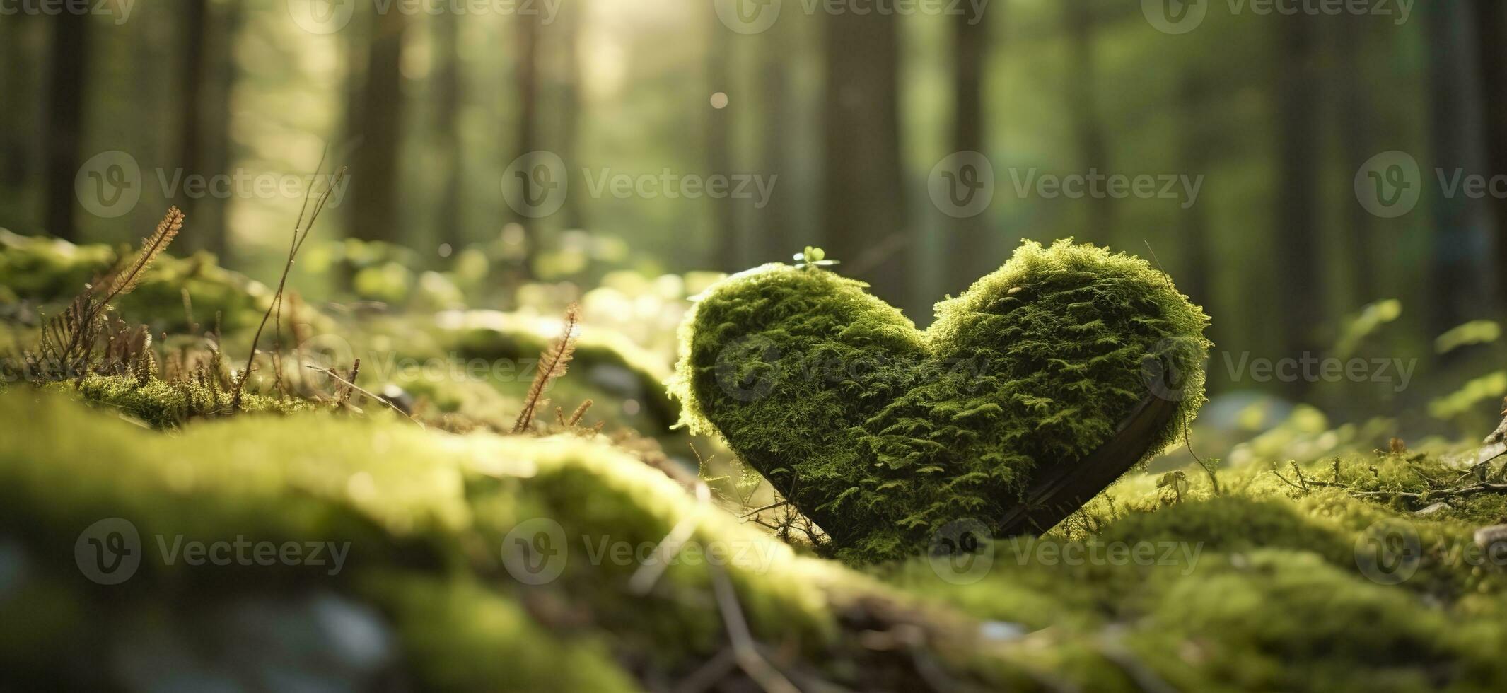 ai generato avvicinamento di di legno cuore su muschio. naturale sepoltura tomba nel il boschi. generativo ai foto