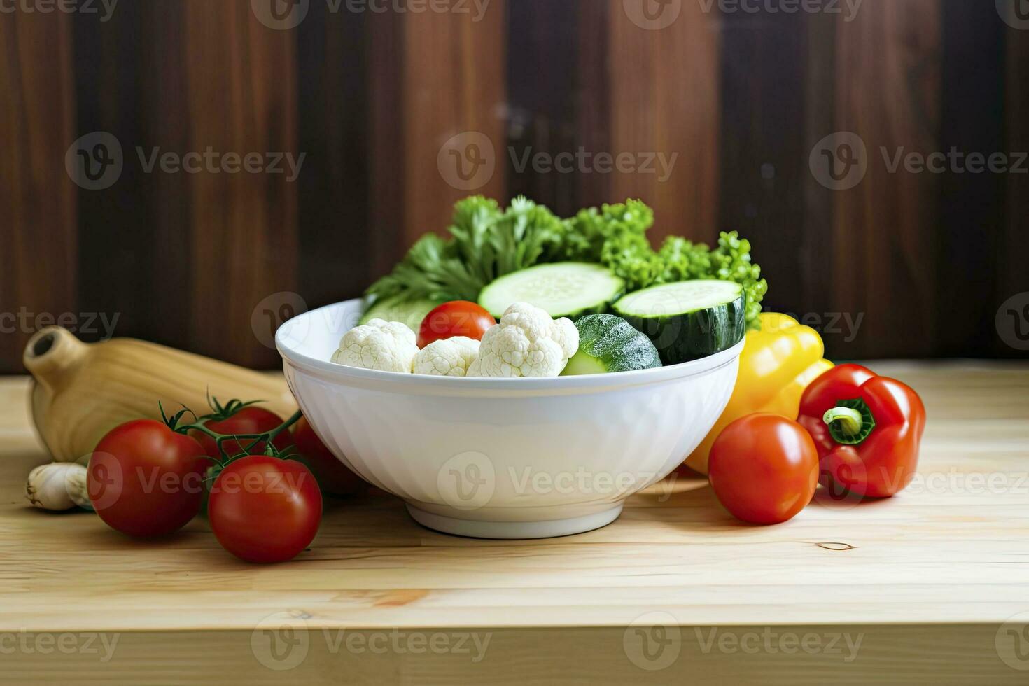 ai generato cucina ancora vita con bianca ciotola di lavato verdure su di legno scrivania. ai generato foto