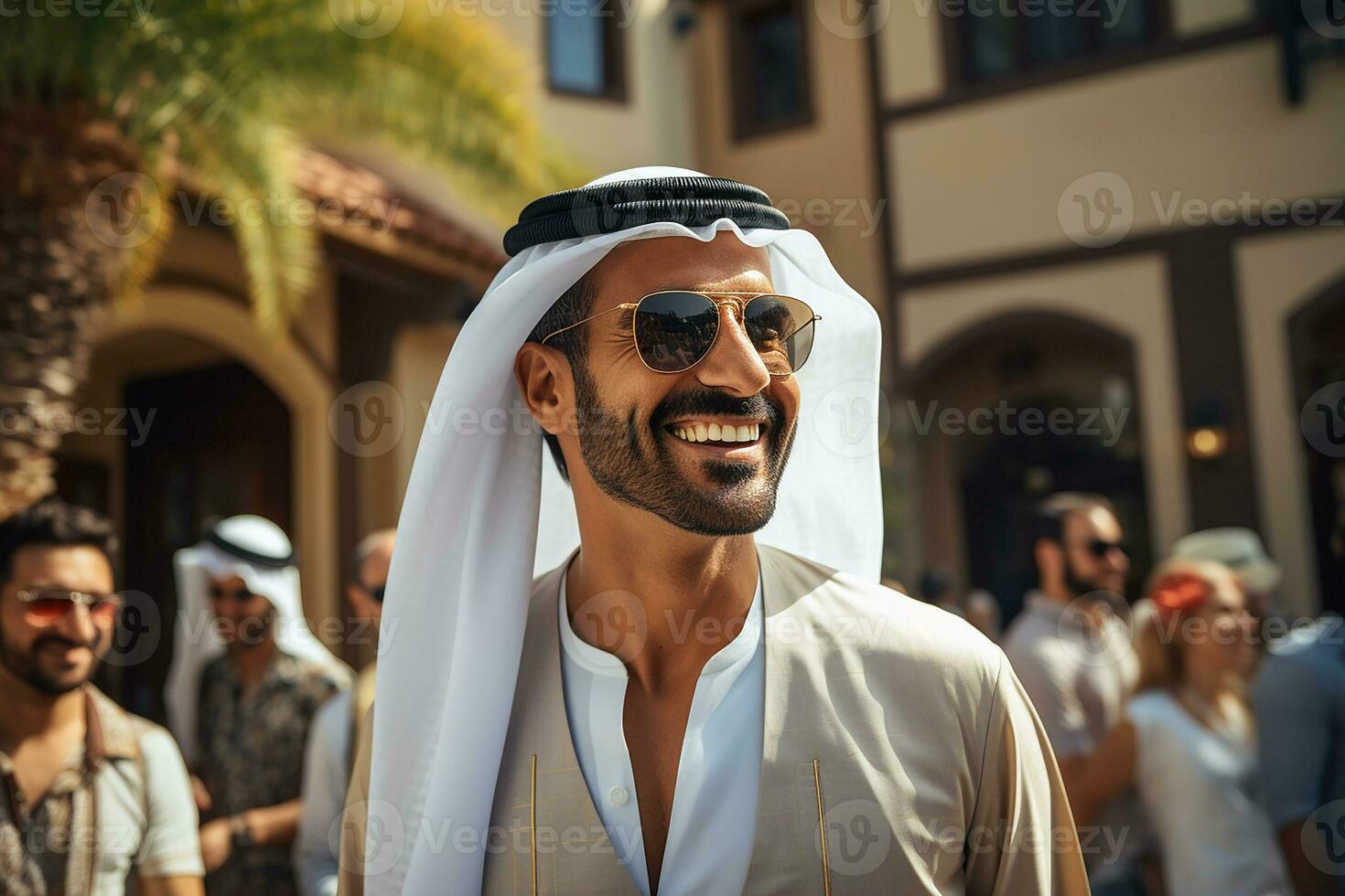 ai generato arabo uomo indossare kandora con sorridente espressione foto