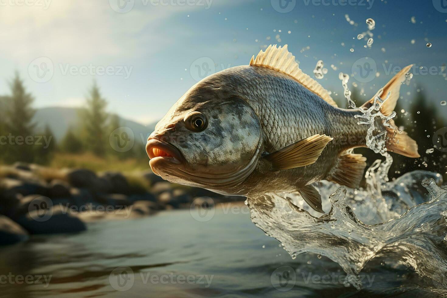 ai generato pesce salto su di fiume acqua foto