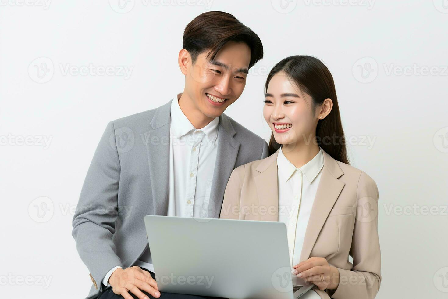 ai generato contento giovane asiatico co lavoratore Tenere e guardare a il computer portatile su bianca isolato sfondo foto
