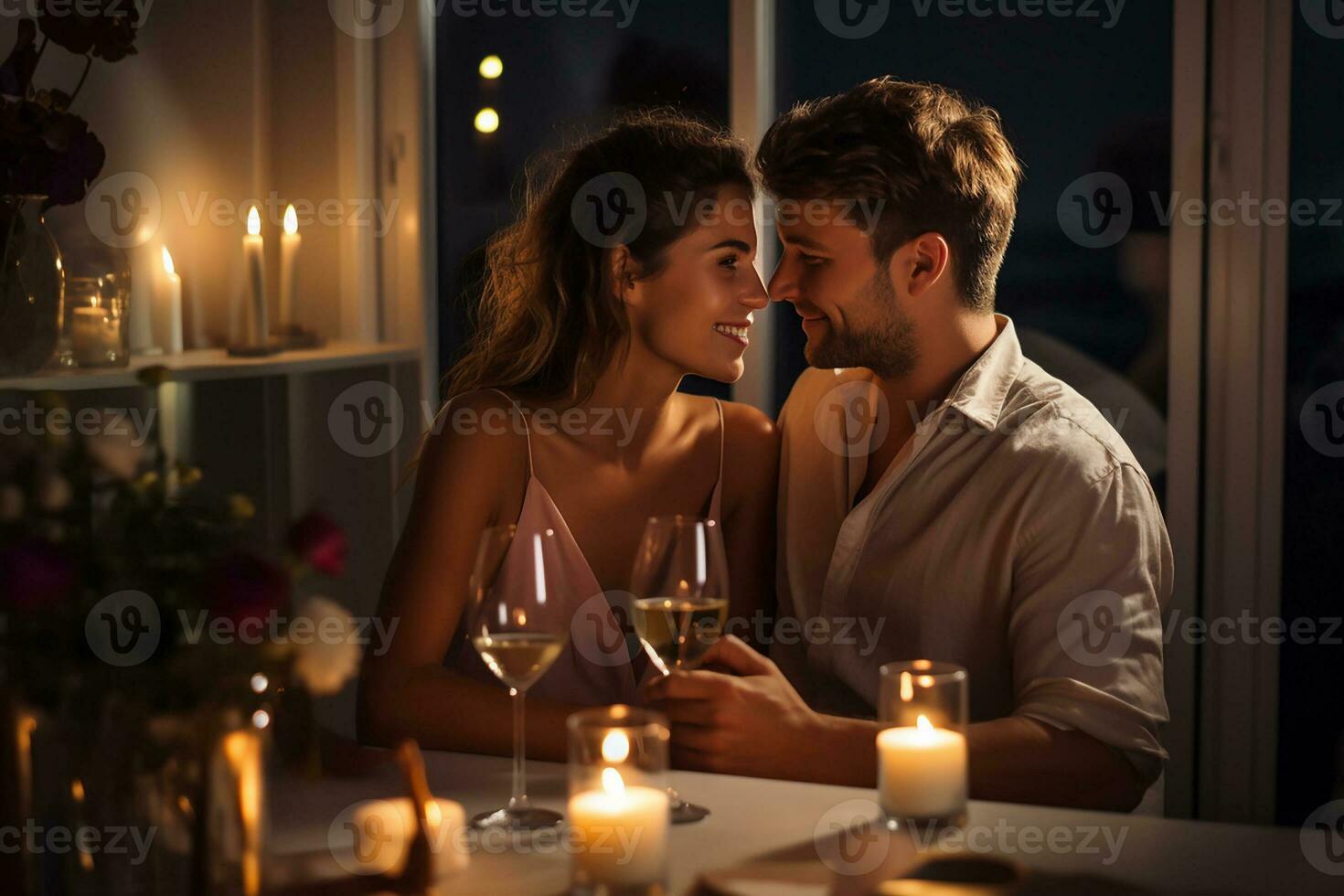 ai generato giovane signora con sua bellissima uomo avere romantico cena foto