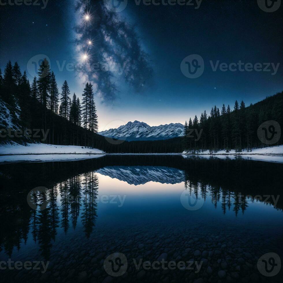 un' minimalista composizione di un' stellato notte cielo al di sopra di un' tranquillo lago, riflettendo il circostante montagne e sempreverde alberi. il innevato terra scintille sotto il notte cielo. foto