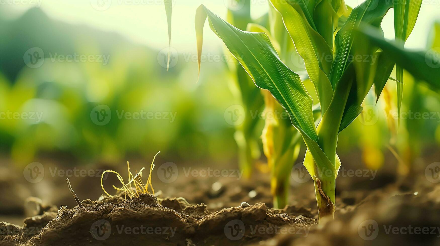 ai generato crescere di mais vesciche su superiore di il ramo nel azienda agricola, luce del sole su esso foto