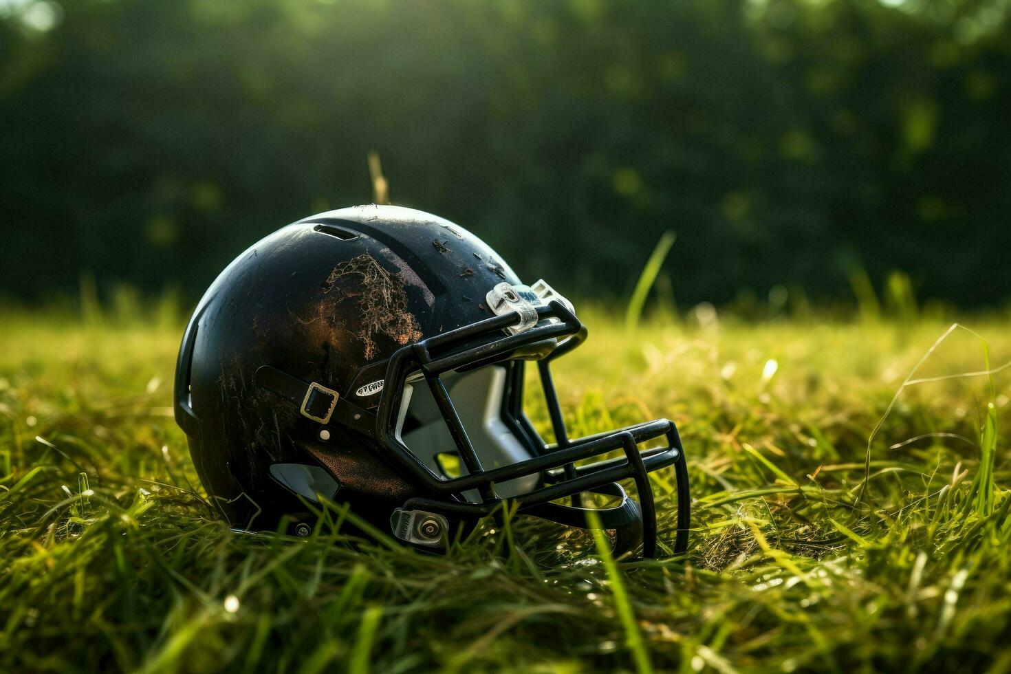 ai generato americano calcio casco su il campo con sfocato stadio sfondo ai generato foto