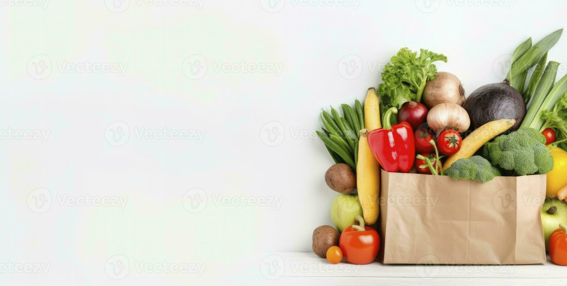 ai generato salutare cibo nel carta Borsa verdure e frutta su bianca sfondo. ai generato foto