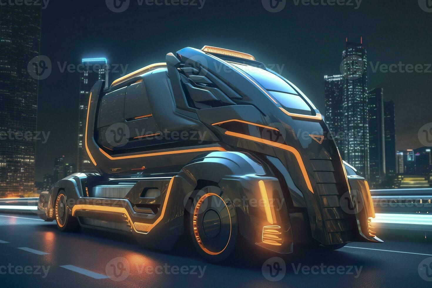 ai generato 23 secolo futuristico camion con iper moderno viaggio, largo angolo lente, e futuristico grattacielo nel il sfondo. ai generativo foto