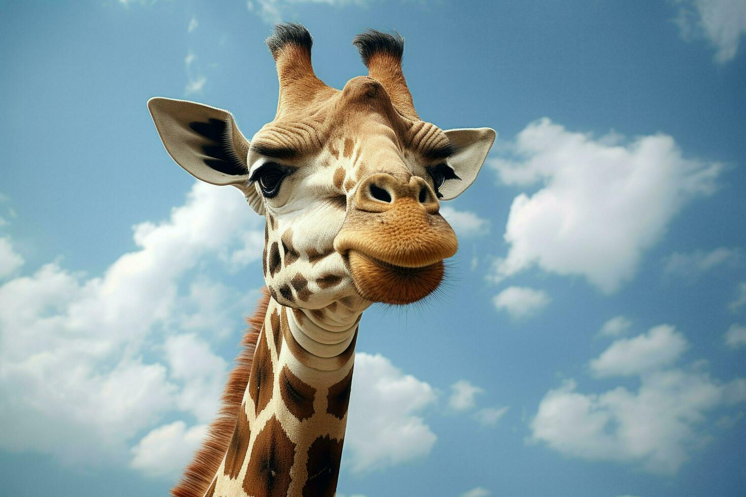 ai generato giraffa viso sotto cielo. giraffa ,divertente viso ai generato foto