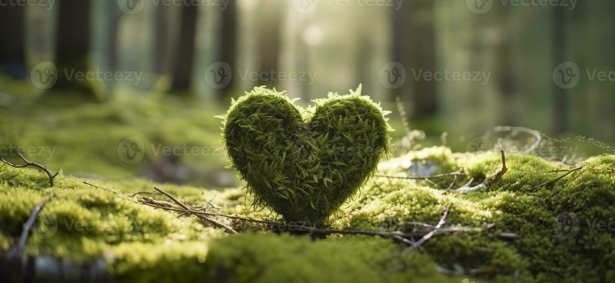 ai generato avvicinamento di di legno cuore su muschio. naturale sepoltura tomba nel il boschi. generativo ai foto