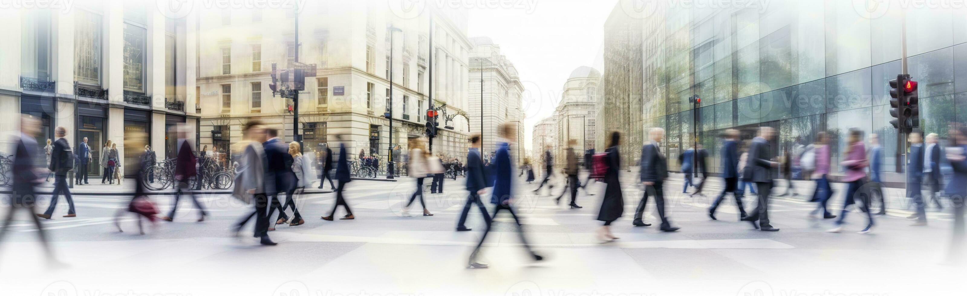 ai generato a piedi persone sfocatura. molte di persone camminare nel il città di Londra. largo panoramico Visualizza di persone attraversamento il strada. ai generato foto