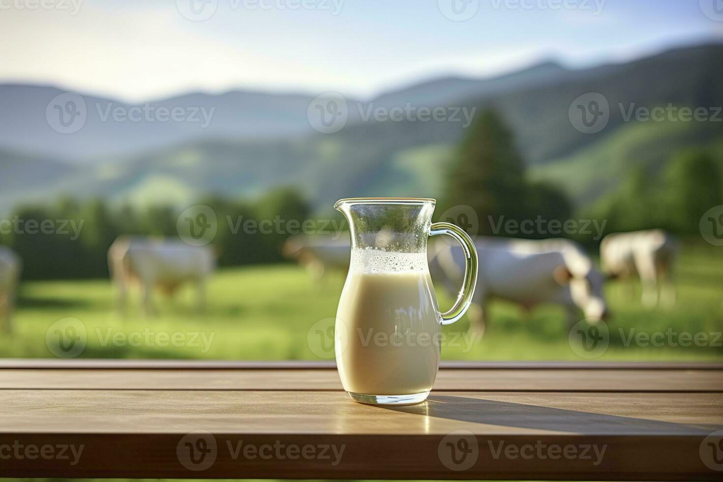 ai generato bicchiere brocca con fresco latte su un' di legno tavolo. ai generato foto