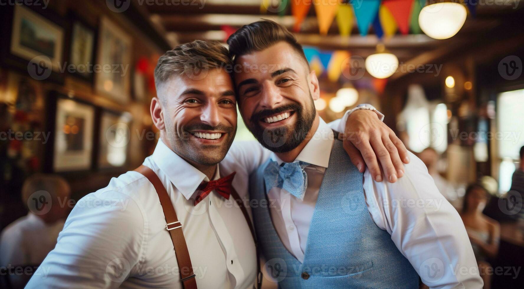 ai generato giovane gay nozze scena, nozze di giovane gay foto