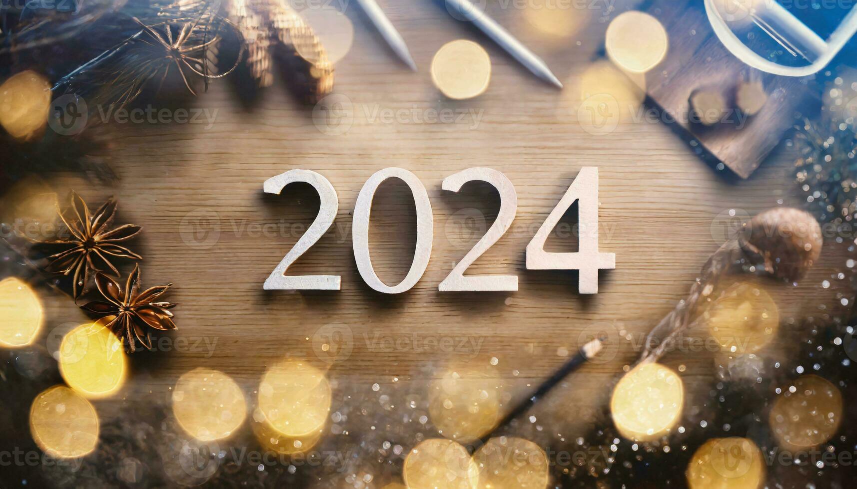 ai generato superiore Visualizza di d'oro figure di il anno 2024 su un' rustico tavolo foto